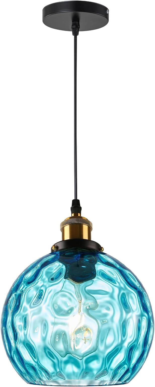 Blue Pendant Light Coastal Pendant Lighting Nautical Pendant Light with 7.8" Hammered Glass Globe 1-Light Chandelier Hanging Light Fixtures Ceiling Mount for Kitchen Island Bedroom Dining Room