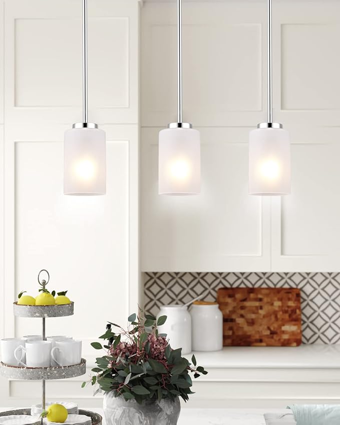 Adjustable Brushed Nickel Pendant Lights, 2-Pack, White Frosted Glass Shade, Mini Pendant Lights for Bedroom, Living Room, Dining Room, Kitchen Island