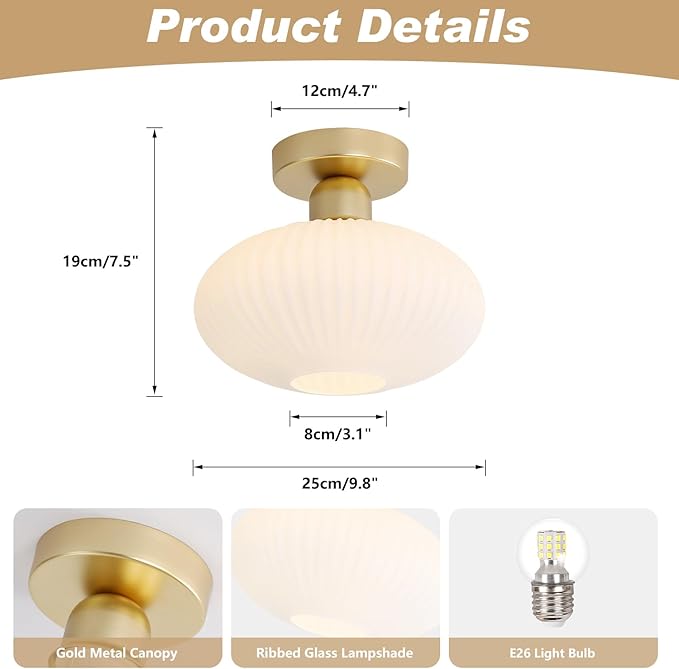 KCO Lighting Antique Brass Flush Mount Ceiling Light Vintage Milk Glass Semi Flush Mount Ceiling Light Small Gold Schoolhouse Light Fixture (2 Pack)