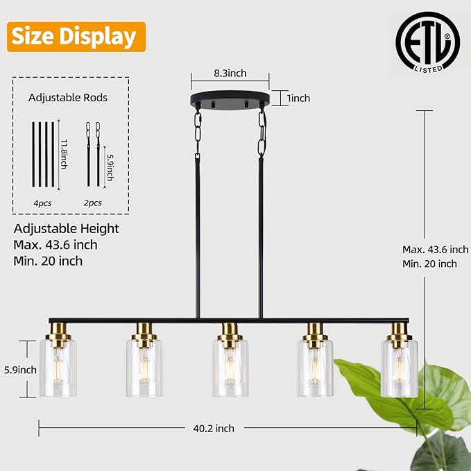 Dining Room Light Fixture,5-Light Farmhouse Linear Chandeliers for Dining Room Over Table，Matte Black and Gold Finish Kitchen Island Pendant Lighting for Kitchen Island，Pool Table Light