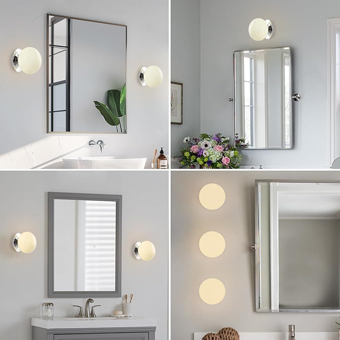 Modern Globe Glass Wall Sconces- Minimalist Home Shop Decor Wall Light 7" Glass Shade Hardwired- 1 Light Mid Century Wall Lamps Indoor Bedroom Bathroom Hallway Vanity Sconce Light (Chrome-Beige)