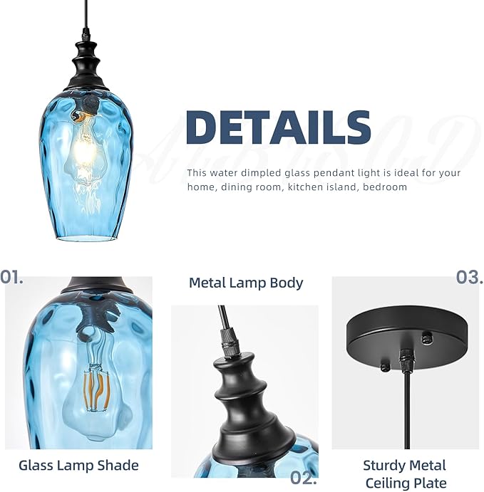 Pendant Lights Kitchen Island, Hanging Lighting Fixtures Dark Blue Water Ripple Glass Lamp Shade Black Pendant Light Fixtures for Kitchen Island Bedroom Living Dining Room Light Fixture