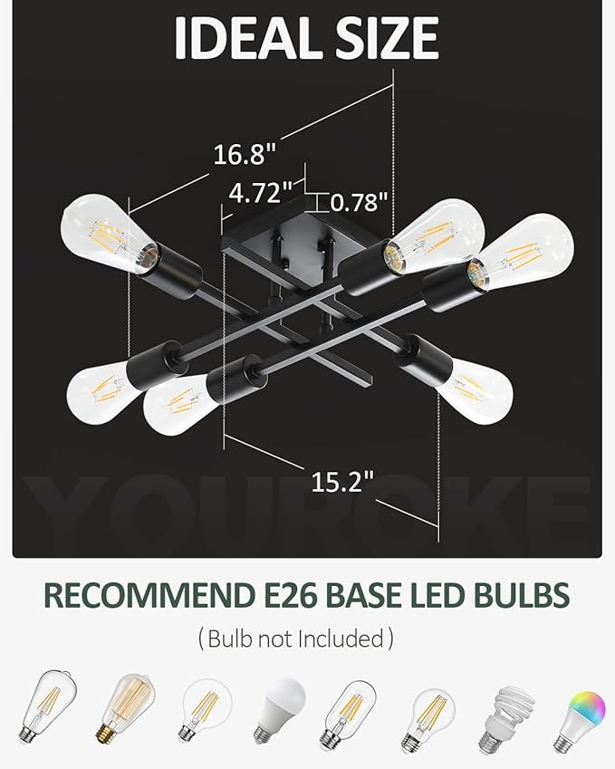 6-Light Semi Flush Mount Ceiling Light Fixture, 2 Pack Modern Black Sputnik Chandelier Lighting, Farmhouse E26 Stock Ceiling Lamp Kitchen Bedroom Living Room Entryway, Bulbs Not Included