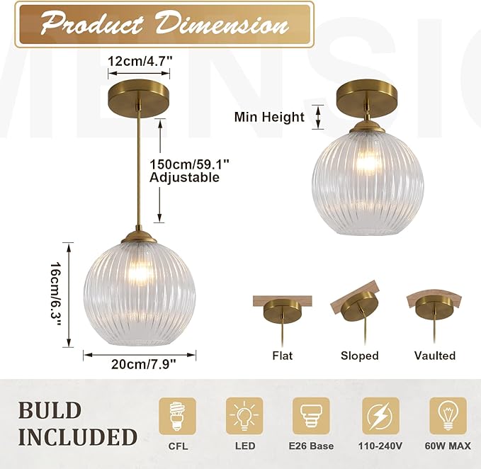 Modern 1 Light Clear Glass Pendant Lights Kitchen Island Large Brushed Gold Pendant Light Vintage Adjustable Height Hanging Globe Ceiling Light Fixture for Dining Room Bedroom Hallway MPL30-B