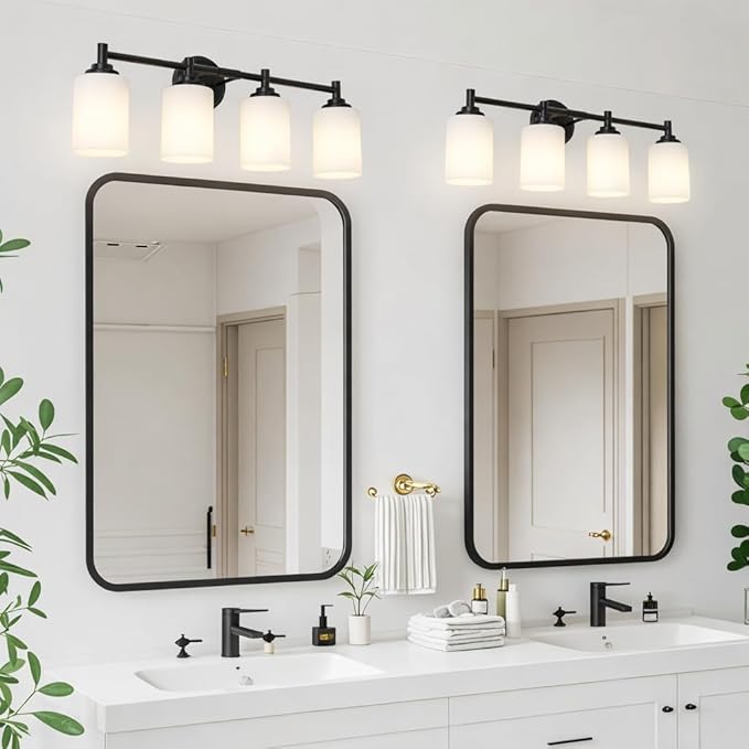 4-Light Bathroom Light Fixtures,Matte Black Bathroom Vanity Light Over Mirror with Cream White Glass Shade,Modern Farmhouse Wall Sconces Lighting for Bedroom Cabinet Kitchen Living Room