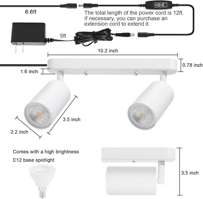 Plug in Track Lighting Track Light Fixtures with Power Cord Wall Spotlight Flexibly Rotatable Heads Plug in Ceiling Lights for Kitchen Cabinet Gallery Bar Living Room 10W 3000K(White, 2 Heads)