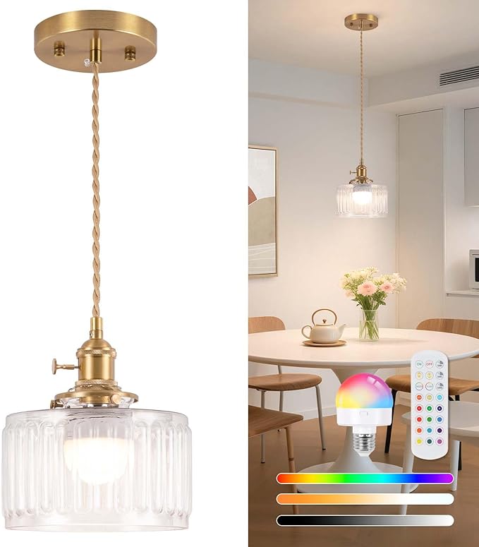 Battery Operated Pendant Light,Vintage Light Fixtures 2500mAh 6.6in RGB Light Bulb with Remote Control Wireless Adjustable Rechargeable Chandelier for Kitchen Island Hallway 1Light