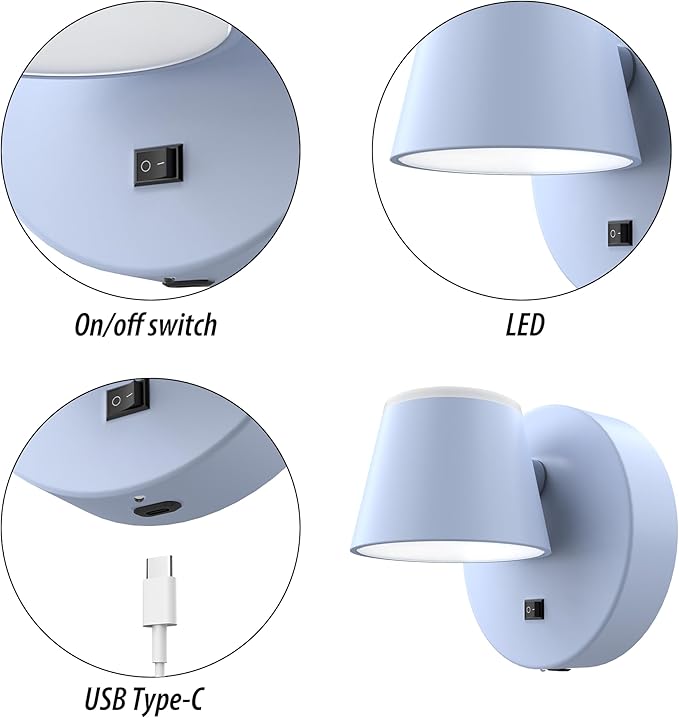 URSOLA Battery Operated Wall Sconce with Remote, LED Rechargeable Battery Wall Light with 9000mAh 3CCT and Dimmable Magnetic 360° Rotation Cordless Light for Bedroom（Blue）