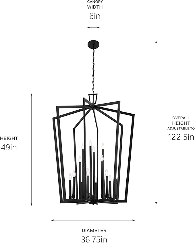KICHLER Abbotswell 36.75" Updated Traditional 16 Light Foyer Pendant Ceiling Light Fixture with Open Cage Design in Black for Foyer, Dining Room or Living Room (36.75" x 36.75" x 49") 43499BK