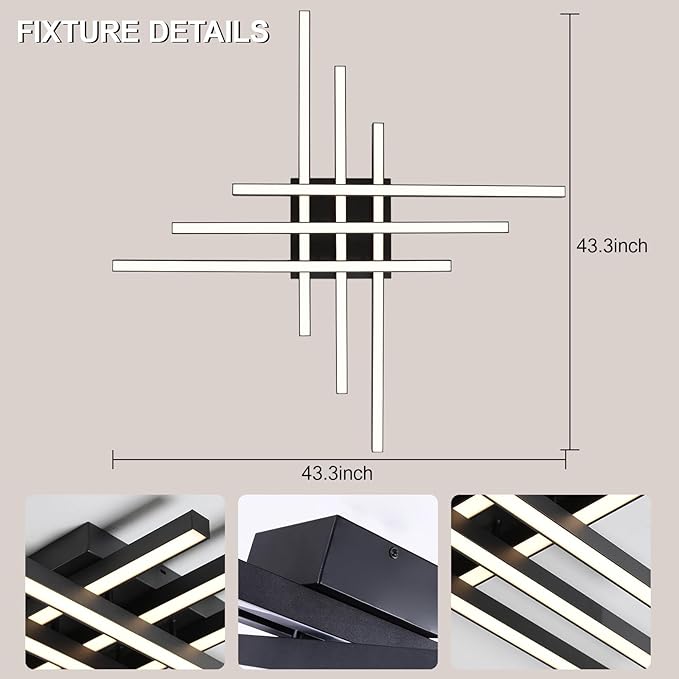JAYMP 43.3" Modern Ceiling Light with Remote, Black Sputnik Ceiling Lamp, 96W Dimmable LED Lighting Fixture for Dining Room, Living Room, Kitchen Island, 6 Lights