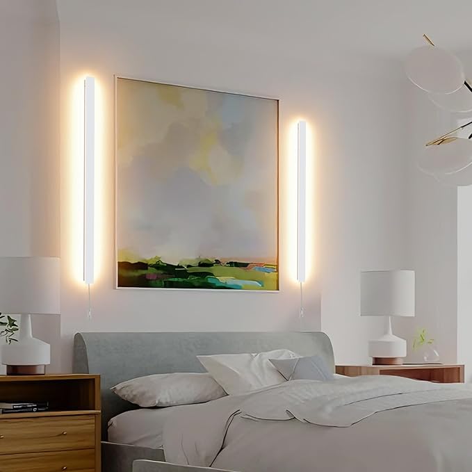 KELUOLY Modern Plug in Long Wall Sconce, 39.3" White Matte LED Wall Lights, 20W Warm White 3000K Acrylic Indoor Wall lamp, with 59" Plug Cable for Bedroom, Living Room, Hallway