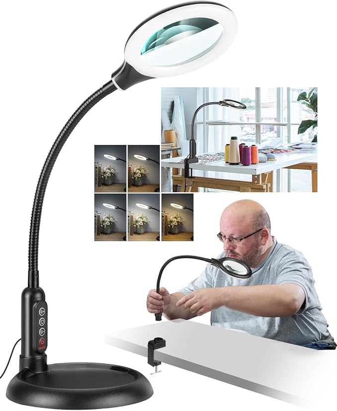 10X Magnifying Glass with Light and Stand, LED 5 Color Modes, Brightness Stepless Dimming Lighted Magnifier Hands Free with Flexible Goose-neck Desk Clamp Lamp for Close Works, Crafts, Hobby, Painting