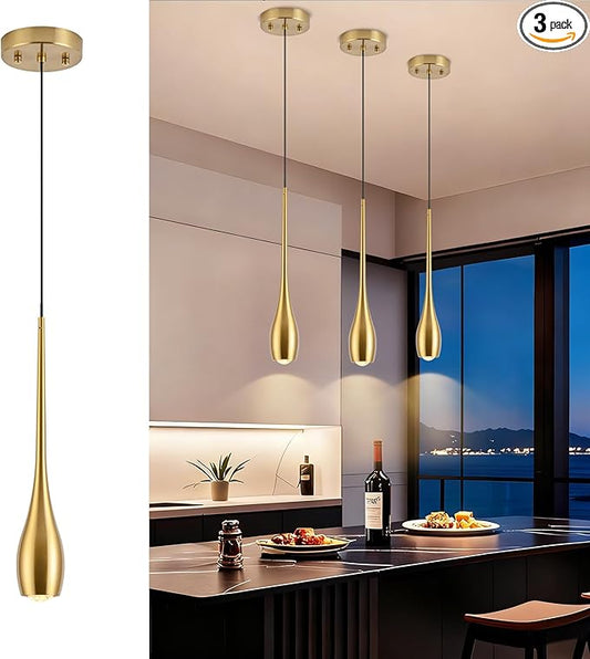 Gold Pendant Light, Modern Pendant Lights Kitchen Island, LED Hanging Light Fixtures for Dining Room Hallway Bedroom 3 Pack 3000K