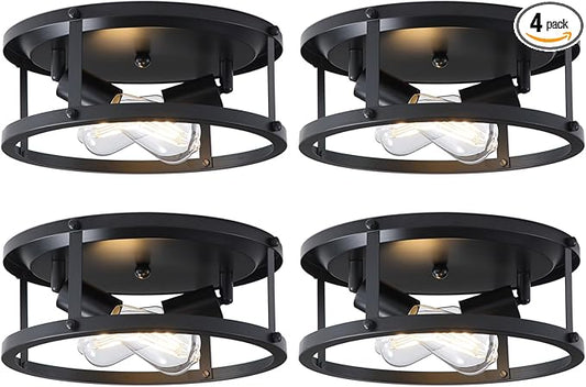 4 Pack Black Farmhouse Flush Mount Ceiling Lights,2-Light Rustic Hallway Lighting Fixtures,Industrial Light Fixtures Ceiling Mount for Kitchen Hall Entry Bedroom Closet