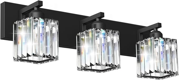 Black Crystal Bathroom Vanity Light, 3-Light Modern Bathroom Lighting Fixtures Over Mirror, Matte Black Wall Sconce Light Fixtures with Square Shade