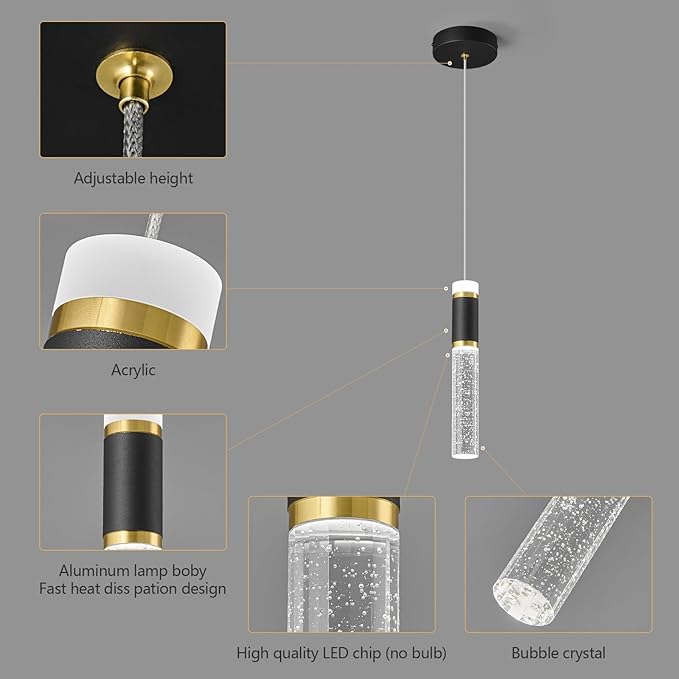 Pendant Ceiling Light Fixture for Kitchen Island, Black Gold Pendant Light Integrated Dimmable LED Hanging Light with Bubble Crystal Pendant Light Modern Pendant Lights Kitchen Island (1-Pack)