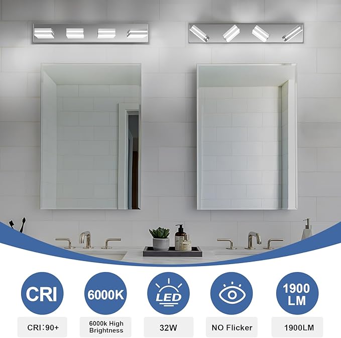 Modern LED Bathroom Lights Fixtures 4-Light,Stainless Steel Chrome Acrylic Wall Lighting,Vanity Lights for Bathroom Over Mirror 6000k 27in