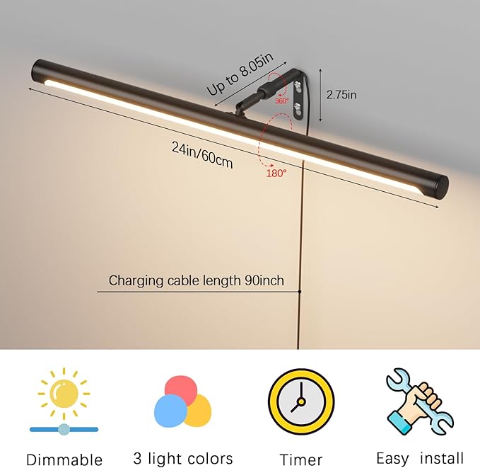9W Picture Light Plug in, 24" Adjustable LED Art Light with Remote Control, Dimmable Wall Light for Picture Display Dartboard Art Work (Black)