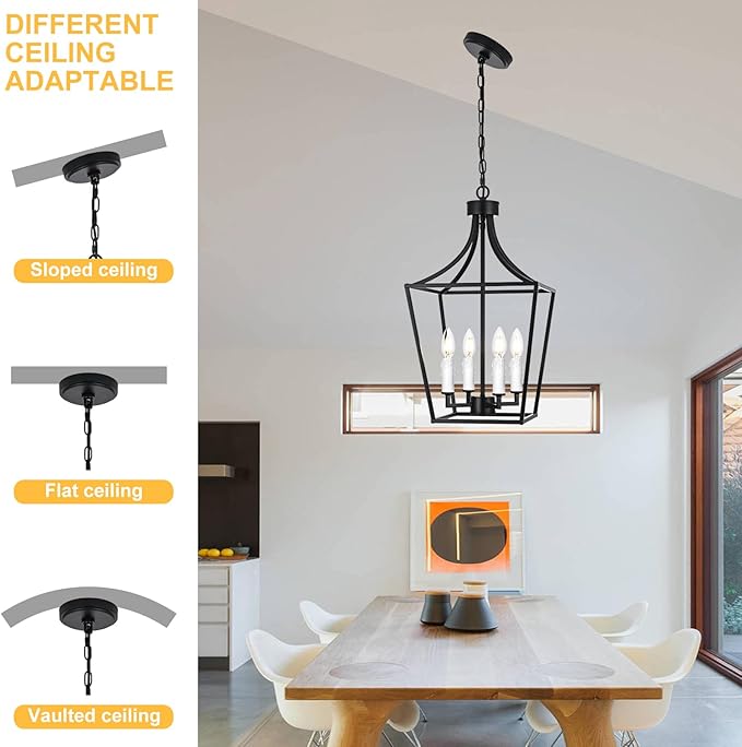 4-Light Black Lanter Chandelier, Height Adjustable Hanging Lighting, Farmhouse Dining Room Pendant Light Fixture for Kitchen Island Entryway Staircase, E12 Bulb Base