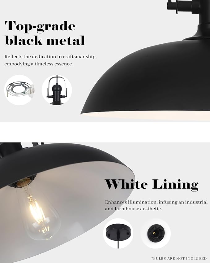 Black Pendant Lights 3 Pack, Dome Pendant Light Kitchen Island 13.8 Inch, Black Farmhouse Pendant Light, Industrial Pendant Lights for Kitchen Barn Hallway Porch Dining Room