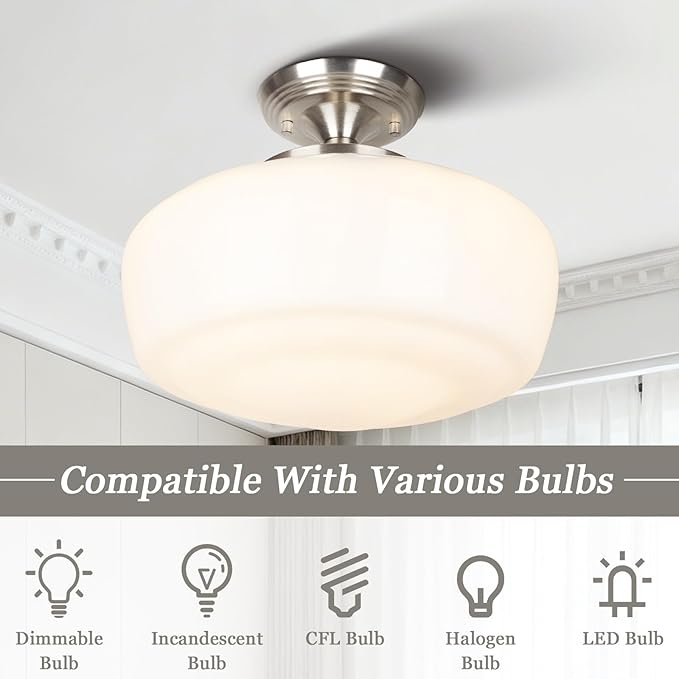 Large Schoolhouse Style Semi Flush Mount Ceiling Light Fixture, 14" Modern Hallway Ceiling Lamp with Opal Milk Glass Shade, Farmhouse Globe Light for Bedroom Kitchen Hallway Entryway, ROS588L SN
