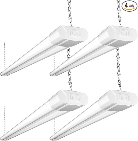 BBOUNDER 4 Pack Linkable LED Utility Shop Light, 4400 LM, Super Bright 6500K Cool Daylight, 4 FT, 48 Inch Integrated Fixture for Garage, 40W Equivalent 250W, Surface + Suspension Mount, White