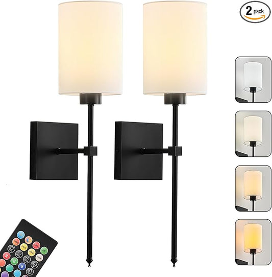 KARTOOSH Battery Operated Wall Sconce Set of Two, Wireless Rechargeable Wall Light with Remote Control, Dimmable, 4 Color Temperatures, RGB, Timer, for Living Room,Bedroom,Entryway, Black, 20.6 Inch