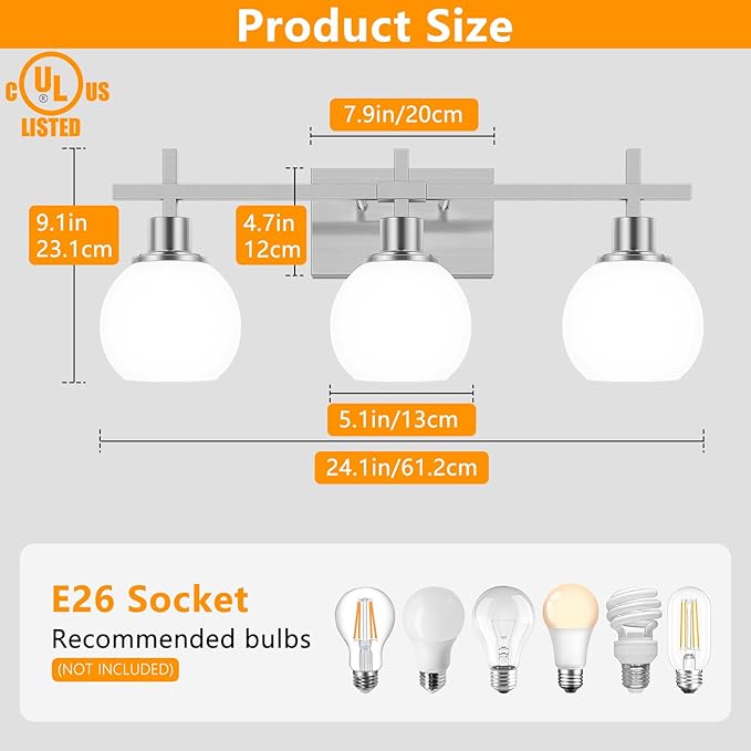 Dpyrrhic Modern Vanity Lighting Fixtures,3-Light Bathroom Lighting Fixtures Over Mirror，Brushed Nickel Wall Mounted Bathroom Vintage Lamp with Milky White Glass Lampshade for Living Room，Bedroom