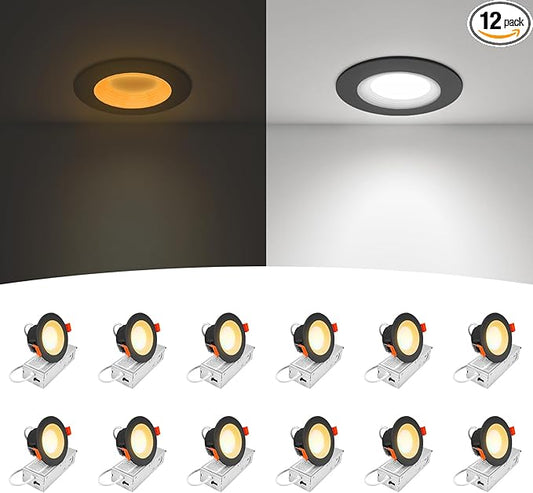 12-Pack 3 Inch Anti-Glare Recessed LED Lights with Night Light, Deep Baffle Downlight, Dimmable, 2700K-5000K 5CCT Selectable, with Junction Box, Canless, 680lm, ETL Listed, Black