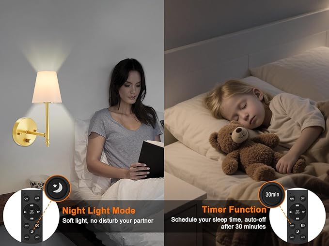 Wall Sconces Set of Two with Remote Control, Dimmable, Adjustable Colors 2700-6500K, Plug in Wall Sconces with White Fabric Shades, Plug in Wall Light, Gold