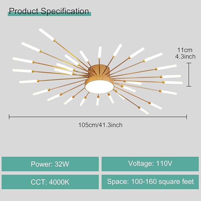 ziidoo Modern Ceiling Light, 28+1 Lights Metal Firework Designed Chic Led Lighting Fixture for Farmhouse Kitchen Dining Room Bedroom Hallway Living Room (Gold and Dark Gold)