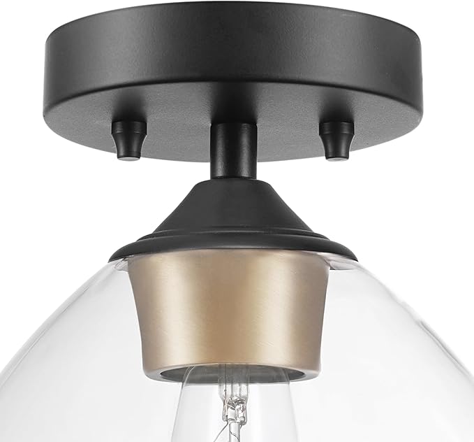 Globe Electric Harrow 1-Light Semi-Flush Mount Ceiling Light with a Matte Black Finish, Gold Accent Socket and Clear Glass Shade, Dimmable Option