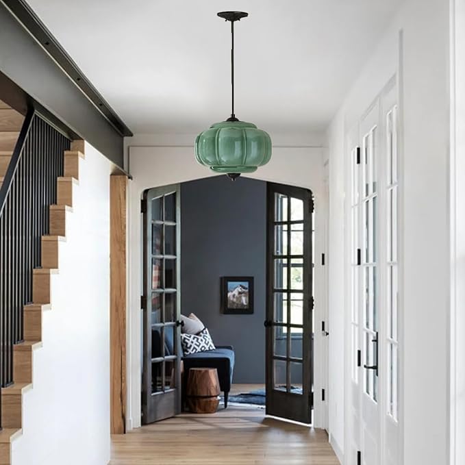 Green Milk Glass Pendant Light Vintage Schoolhouse Light Fixture Mid-Century Modern Foyer Chandelier Black Traditional Semi Flush Mount Ceiling Light for Bedroom Kitchen Dining Room
