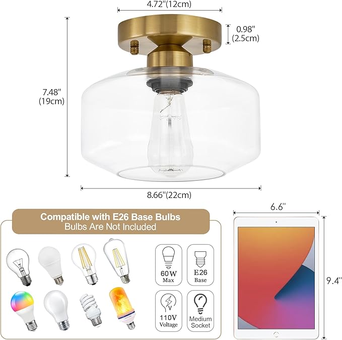 BISAMIYA Modern Gold Ceiling Light Fixture, Brass Finish Semi Flush Mount Ceiling Light with 8.66" Clear Glass Shade for Kitchen, Hallway, Entryway, Cafe