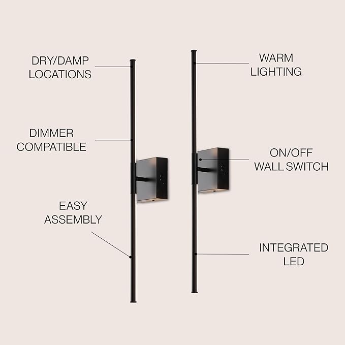 JONATHAN Y 28" Black Modern Dimmable Integrated LED Wall Sconce, Metal Vanity Light for Bathroom Mirror Bedroom Hallway, Sleek Hardwired Wall Lamp Fixture, 3000K (JYL7022C-SET2)