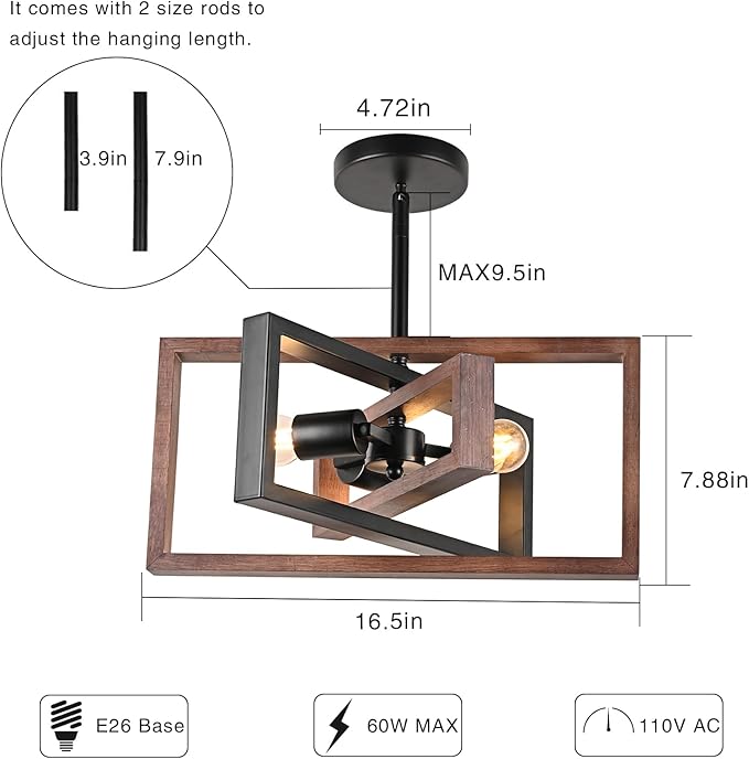 HuisMier Farmhouse 3-Light Flush Mount Ceiling Light Fixture Rustic Metal and Wood Chandelier Retro Close to Ceiling Lighting for Kitchen Entryway Hallway Bedroom Dining Room Living Room Foyer