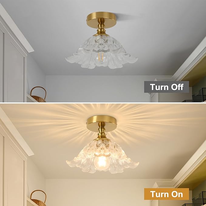 Semi Flush Mount Ceiling Light Fixture, 11in Clear Glass Vintage Light Fixtures Ceiling for Hallway Kitchen Foyer Entryway Bedroom, E26 Base