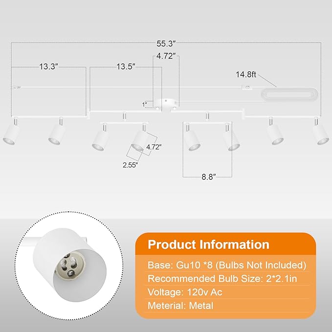 Plug in Track Lighting LED, Track Lighting Fixtures Ceiling, White 8-Light Kitchen Light Kit, Plug in Wall Light with 14.8ft Power Cord, Rotatable Ceiling Spotlight for Bedroom(GU10 Socket, NO Bulb)