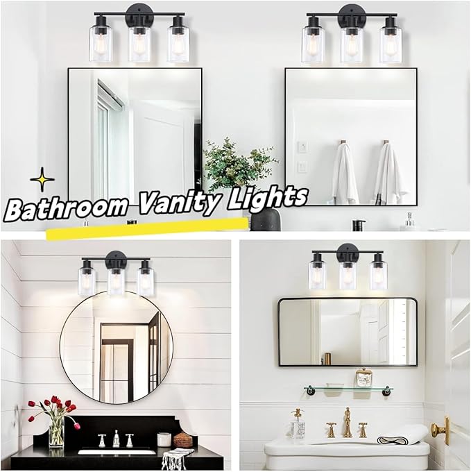 WISBEAM 3-Light Vanity Light Over Mirror, Black Bathroom Wall Light Fixtures with Clear Glass Shade Including E26 Medium Base, Bulb NOT Included