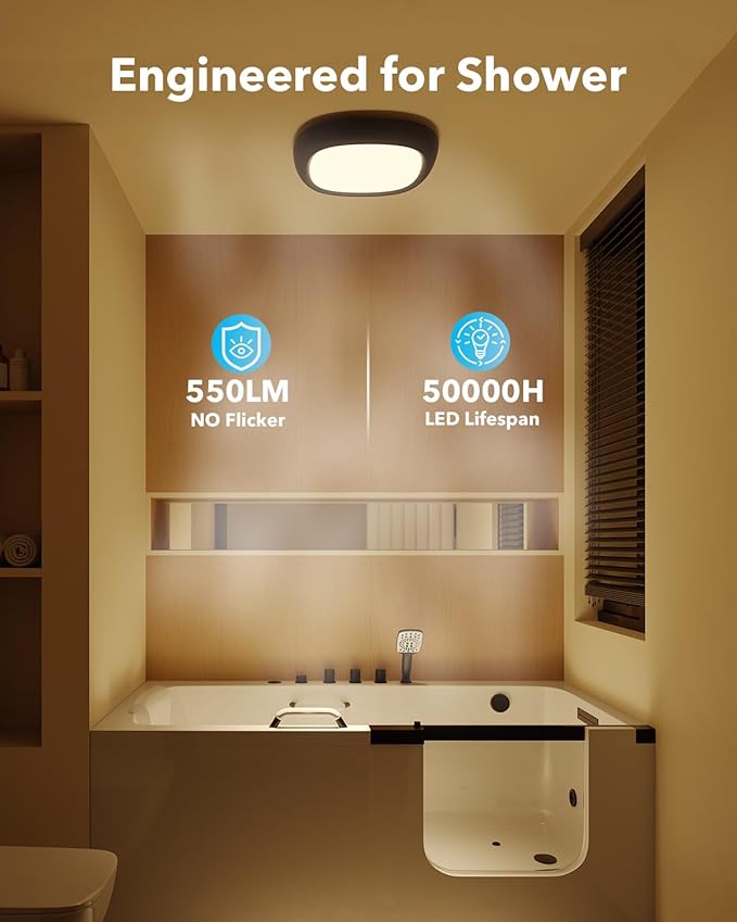 2 Pack Motion Sensor Rechargeable Ceiling Light with Remote, 12000mAh Wireless Shower Lights for Inside Shower, Battery Operated Closet Light Sensored Indoor LED Overhead Lighting No Wiring for Garage