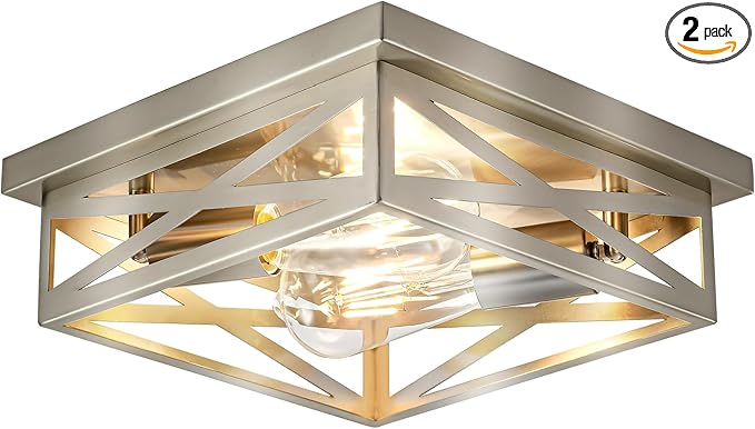 Brushed Nickel Industrial Square Cross Cage Close to Ceiling Light, 11 in Metal, 2-Pack, Silver, Dimmable, LED, 120W, Indoor, Kitchen, Bedroom, Hallway, Office