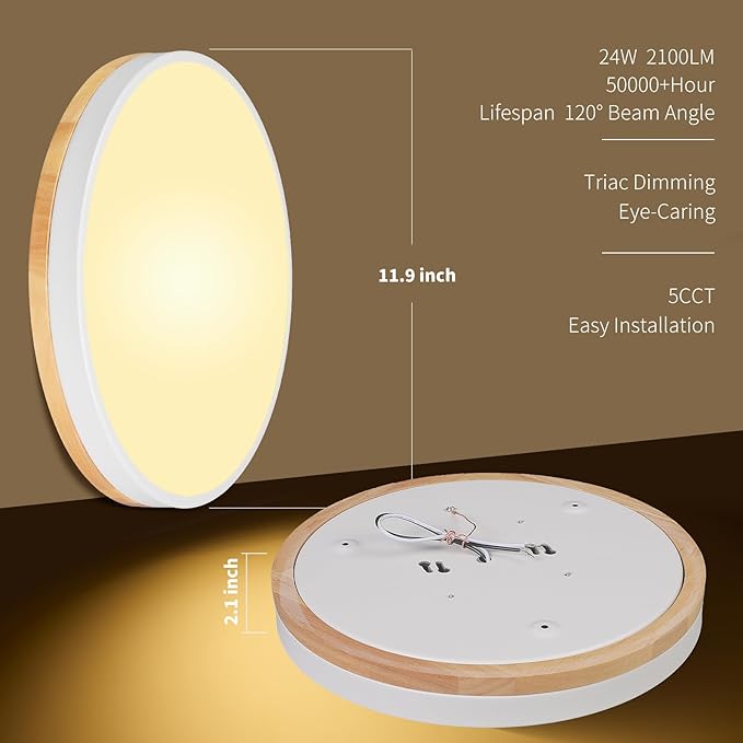 12 Inch Wood LED Flush Mount Ceiling Light Fixtures 5CCT 2700-5000K 24W Dimmable | Overhead Light | Round | White | Ceiling Lamp | Bathroom | Bedroom | Kitchen | Hallway | Laundry Room