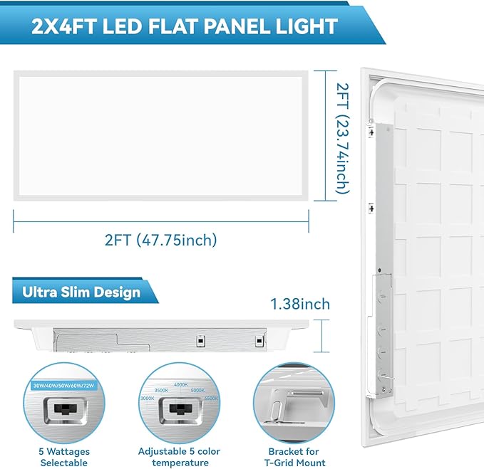 2x4 LED Flat Panel Light Drop Ceiling Office Fixture, 5 CCT 3000K-6500K Adjustable & 5 Wattage Selectable,0-10V Dimmable, 2X4 LED Flush Mount Ceiling Light, ETL Listed 8Pack