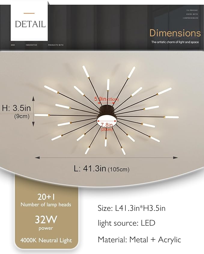 Modern Ceiling Light, 20+1 Lights Black Metal Firework Designed Led Lighting Fixture for Farmhouse Kitchen Dining Room Bedroom Hallway Living Room Sputnik Unique Chandelier