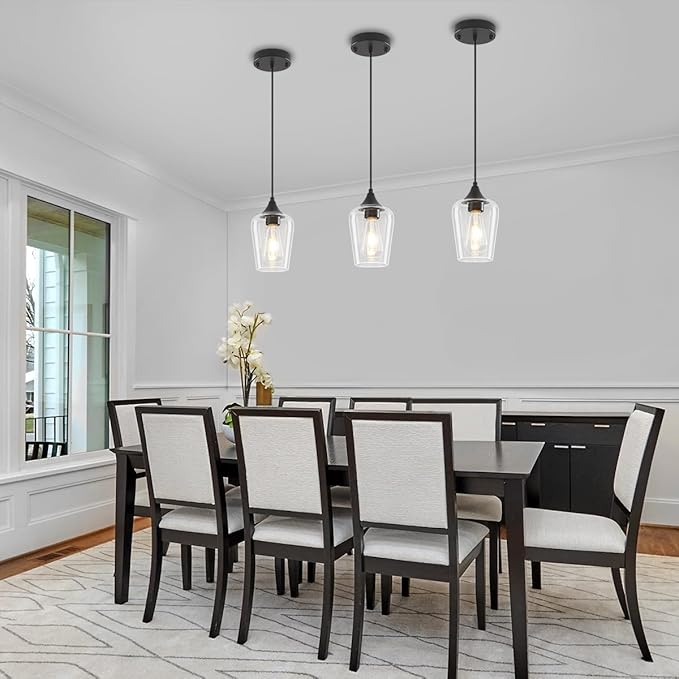 3-Pack Black Pendant Lights Kitchen Island, Modern Glass Pendant Lighting Over Island Kitchen Hanging Light Fixtures Hallway Pendant Lights for Bathroom Dining Room Entryway Foyer Bedroom