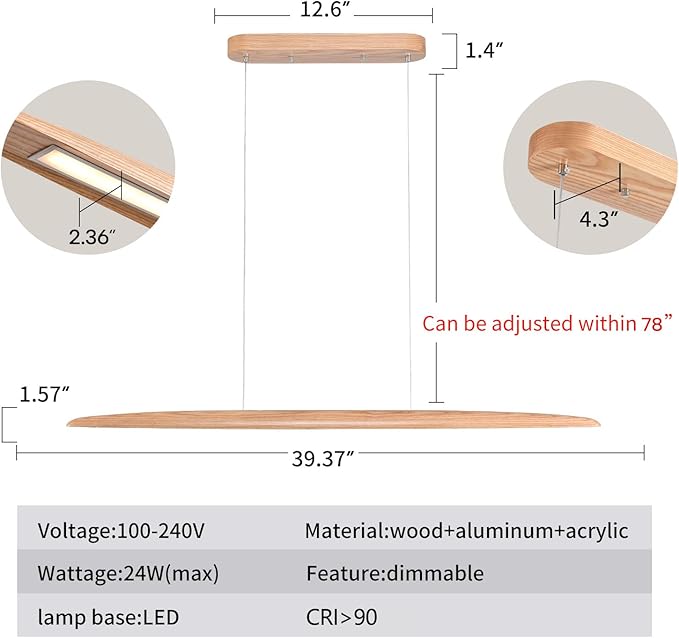 YISDESIGN 39" 24W Wood LED Linear Pendant Light Fixture Led Dining Room Light Dimmable Hanging Light Fixture for Dining Room Kitchen Island Pool Table Lights Natural Wood Color