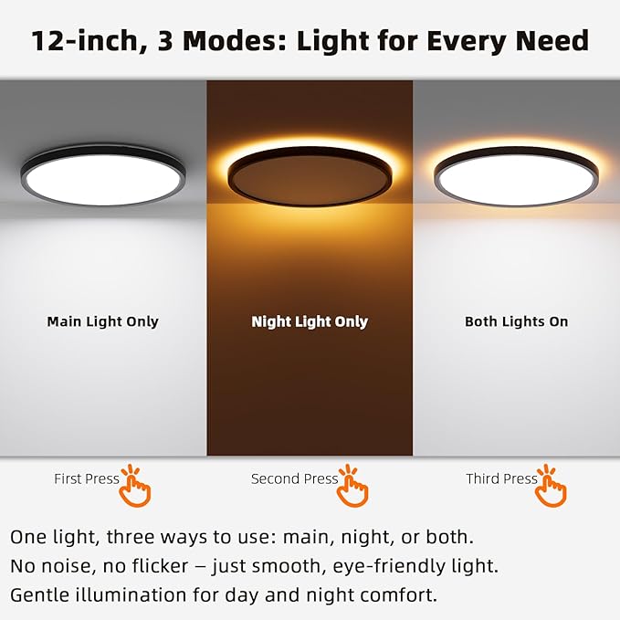 12 Inch LED Flush Mount Ceiling Light with Night Light, 24W 2600LM, 5CCT - 2700K/3000K/4000K/5000K/6500K & Dimmable, Round Ceiling Light for Bedroom, Kitchen, Hallway
