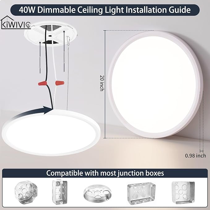 20 Inch Flush Mount Ceiling Light, 40W Dimmable LED Fixture 4000LM, 3000K/4500K/6000K Adjustable, Round Ceiling Lamp for Bedroom, Kitchen, Living Room, Dining Room, Bathroom, White
