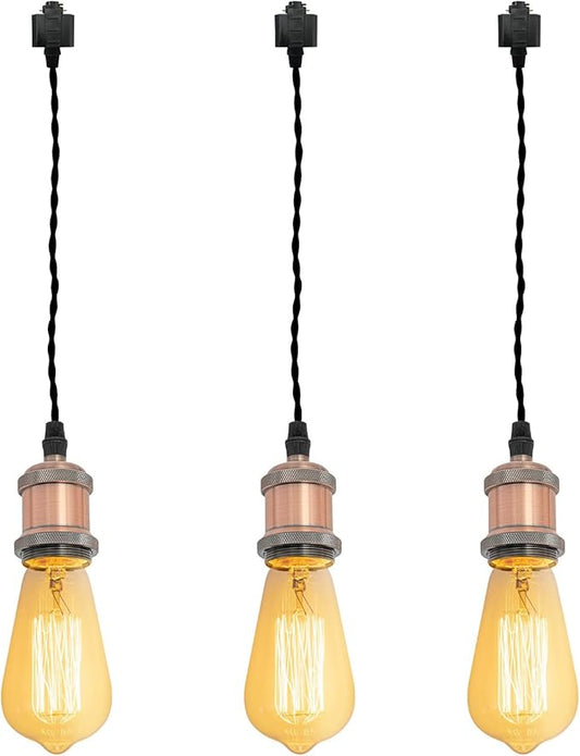 Kiven H-Type Wire Track Light Pendants, 23.6 Inch Cord Length Black Weave Rope, 3 Pack Decorative Pendant Light Industrial Factory Pendant Lamp 3 Pack,Bulb Not Included（Copper Red）