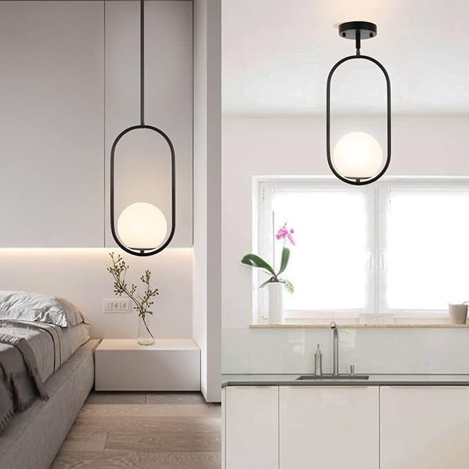 BYOLIIMA Modern Globe Pendant Light Mid Century Chandelier 1-Light Matte Black Ceiling Hanging Lighting Fixture with White Globe Glass Shade for Kitchen Island Dining Room Bedroom